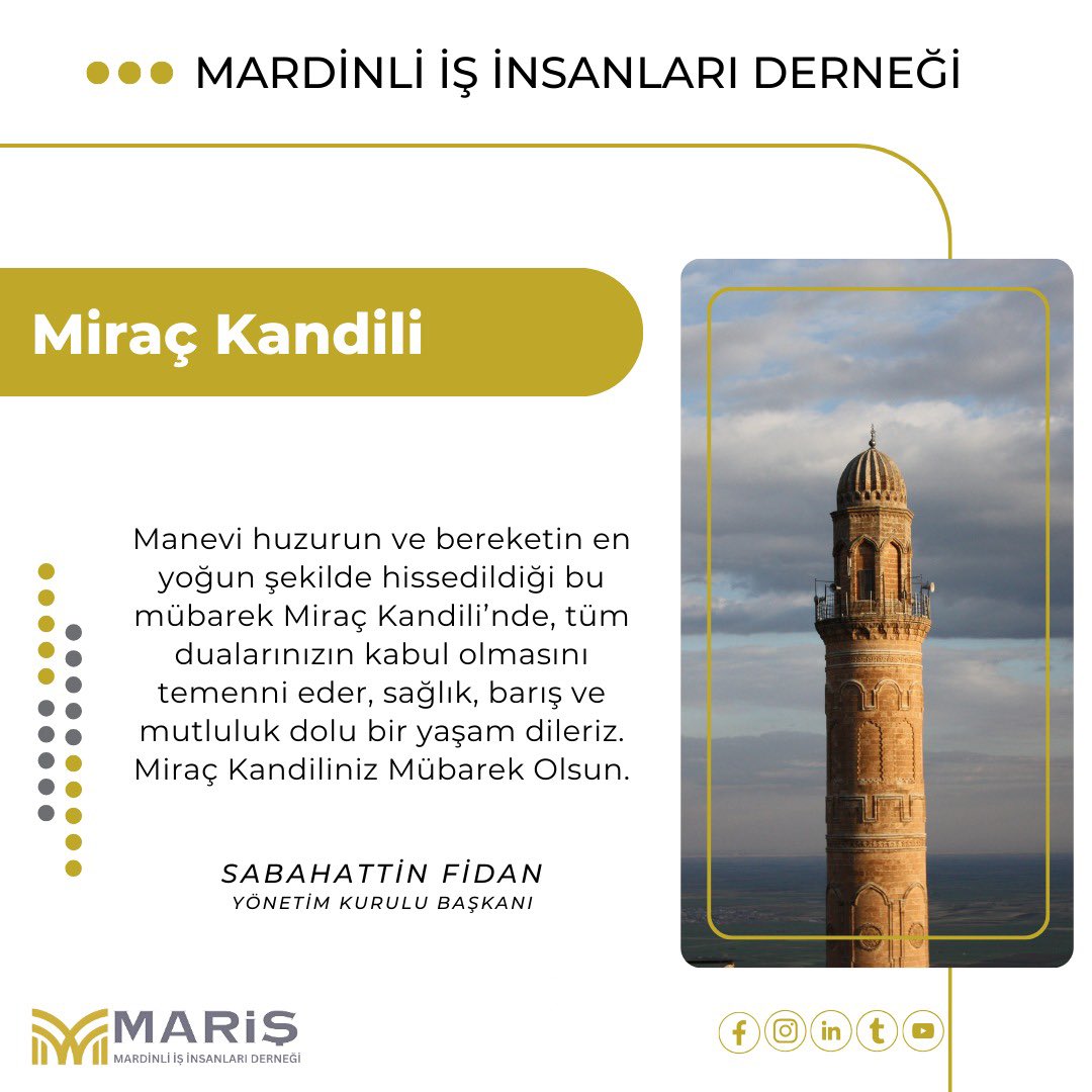 Manevi huzurun ve bereketin en yoğun şekilde hissedildiği bu mübarek Miraç Kandili’nde, tüm dualarınızın kabul olmasını temenni eder, sağlık, barış ve mutluluk dolu bir yaşam dileriz. Miraç Kandiliniz Mübarek Olsun.

#mariş #miraç #mirackandili