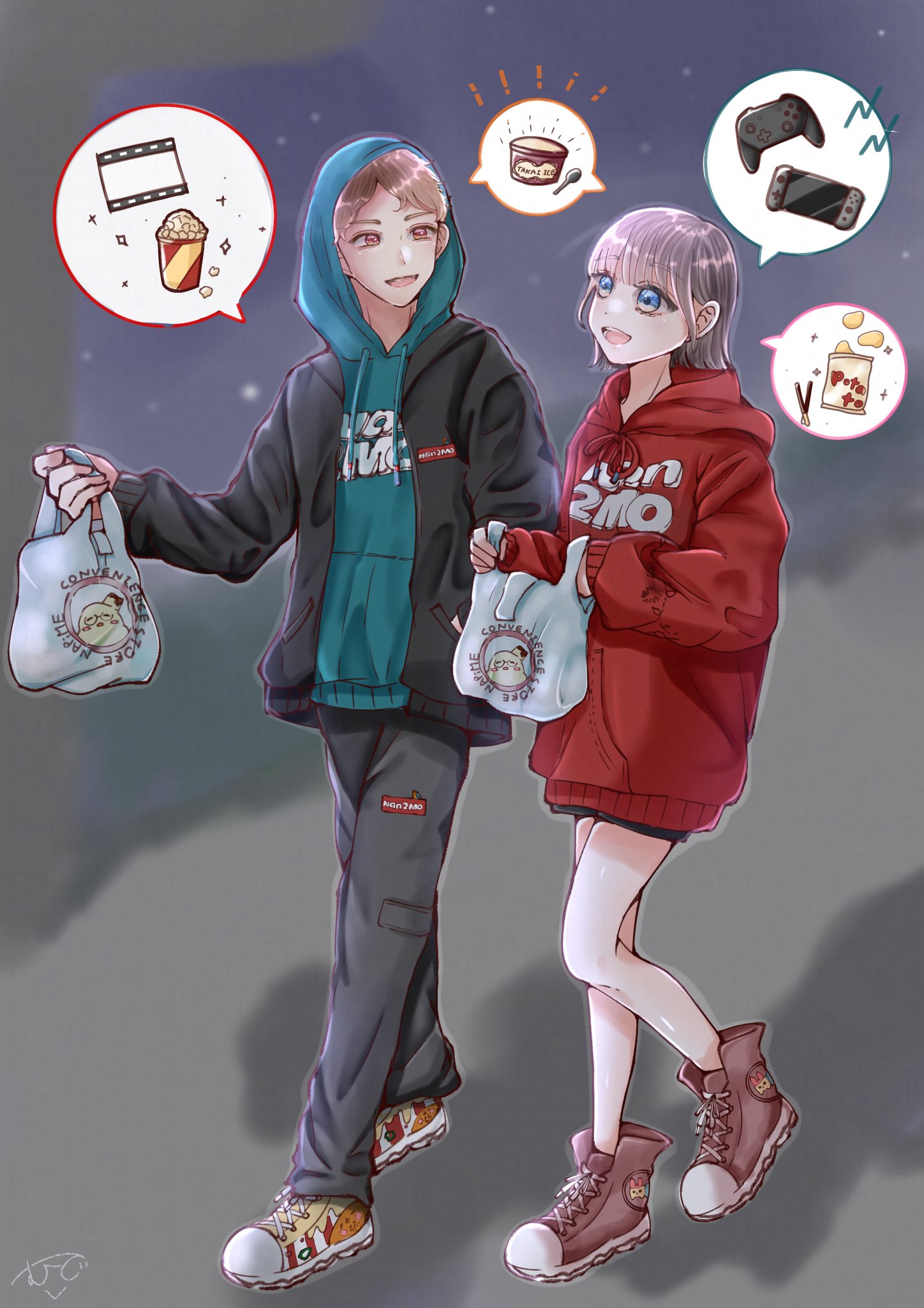 イラスト解説タイム～～～！！

【イラストのテーマ】
大きなテーマはキャプションで書かせていただいた通り、Nan2Moのテーマである｢日常の中にあるちょっとした特別感｣(主旨)、そしてそこから連想したテーマ(というか私が思うちょっとした特別なこととか贅沢)が、
｢お風呂上がりに部屋着でコンビニに行く｣
｢夜更かし時間に好きなことをたくさんする｣
｢高いアイスを開ける｣
だったので、それを1枚に収めたのが今回のイラストです()

【今回工夫したところ】
期待に胸を膨らませた明るい雰囲気と、パーカーなどゆるいけどスポーティーな雰囲気を出すために、男の子も女の子も髪の毛を短めに、目を大きめに描きました。普段描く子たち、性別問わず前髪重ための子が多いのでなかなか新鮮でした…！男の子のﾊﾟﾔﾊﾟﾔした短髪、苦手意識あったけど意外とちゃんと描けて嬉しい…

また、色を対(女の子→赤パーカー青目、男の子→青パーカー赤目)にすることで一旦自然と顔に目が行く仕様になっています()
下に黄色のグラデを足して統一感を出しているので、色数多い割には喧嘩はしてないはず。

これは余談
普段のイラストの塗りでそこまで服の描き込みが出来ないタイプなのですが、今回はブランドのお洋服をテーマにするからには服の描き込みも塗りも頑張るぞ！と意識した1枚になりました。
普段私のイラストを見てくださっている各位、今回服の塗り頑張ったから普段のと見比べてみてほしい、飛ぶぞ()

︎【小ネタ集】
〇さやジオ描いてましたの会
・男の子の靴はぱらちゃんのファーストシューズがベース(さやさんの方)(弱き心要素)
・女の子のスニーカーのワッペンにうさがない
・コンビニの袋になぴめさん(実は始めからあげクンパロしようとしてました)

【おわりに】
改めまして、この度は素敵な企画を本当にありがとうございます。
私事ですが、今回の経験を通して｢服や小物をしっかり観察して塗ったり描いたりすること｣を意識し、結果目に見える自己の成長に繋げることができました！心より感謝申し上げます。
なつめさんち様も、ブランドのNan2Mo様もずっとずっと大好きです！
これからもイラストなり言葉なりで、感謝や愛を伝えていければと思います🫶

そしてここまで｢長ぇよ！｣と思いながらも読んでくださった皆様、本当にありがとうございました🙏