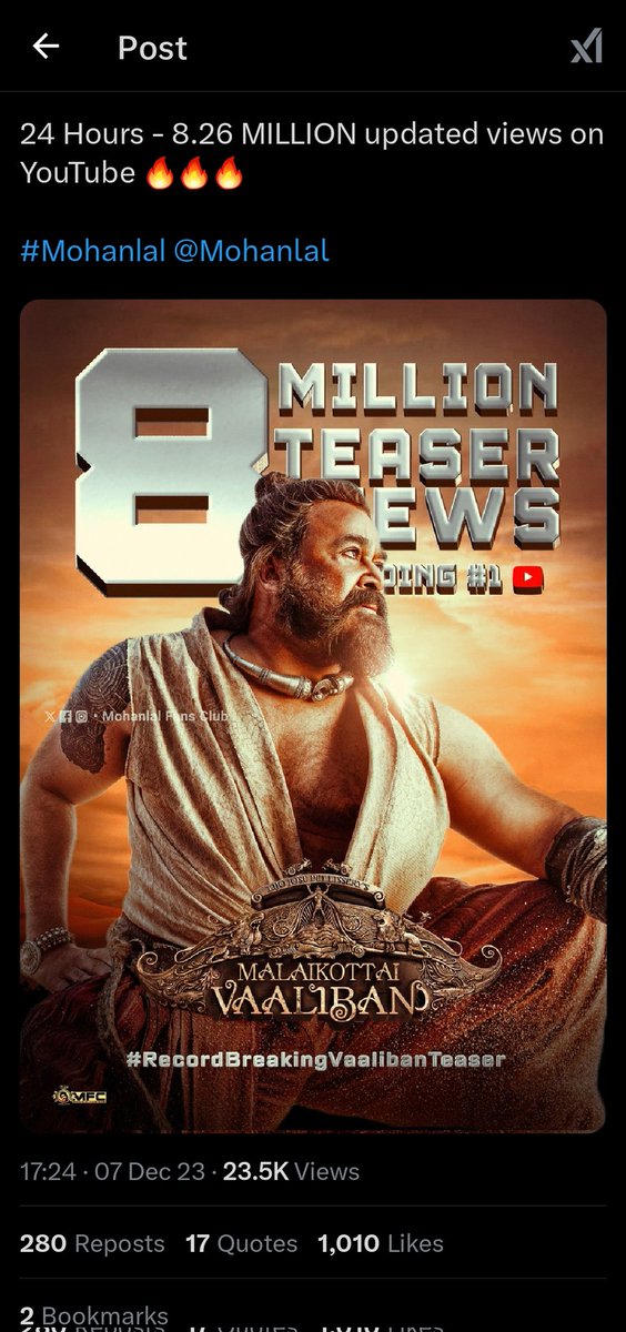 a_krishnan47's tweet photo. Malayalam Top Teaser Views
#KingOfKotha 9.6M +
#Valiban 8.26M+
The audacity of lal fans to change this and claiming as Valiban hit 9m is utter nonsense and immature.
If you got guts proove that #Empuraan could break #KOK 9M record not by doing such cheap tactics
#Mohanlal #DQ https://t.co/a8u9InfrU2