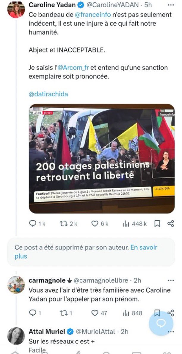 CerfiaFR's tweet photo. 🇫🇷🇮🇱"On a immédiatement réagi Caroline ❤️": La réponse de Muriel Attal, directrice de la com de France Télévisions, à Caroline Yadan, qui exigeait des sanctions contre le journaliste responsable du bandeau évoquant la libération de 200 otages palestiniens (tweet depuis supprimé). https://t.co/FCk2bnWRdE