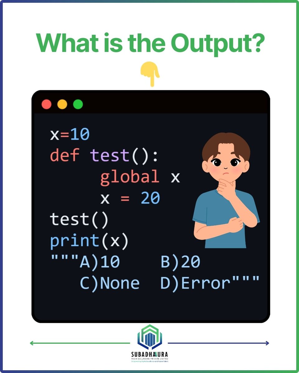 Subadhadev's tweet image. 💡 What’s the Output?
Challenge your coding skills! Comment your answer 👇
#codingchallenge #javascript #developerquiz #programmingfun #100daysofcode #softwaredeveloper #frontenddeveloper #codingcommunity
