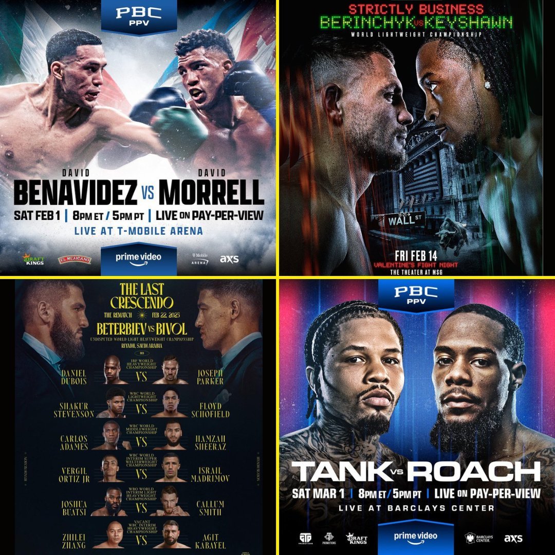 🔥 SOME BIG FIGHTS COMING UP

Feb. 1 - David Benavidez 🆚 David Morrell

Feb. 14 - Keyshawn Davis 🆚 Denys Berinchyk

Feb. 22 - Artur Beterbiev 🆚 Dmitry Bivol

March 1 - Tank Davis 🆚 Lamont Roach