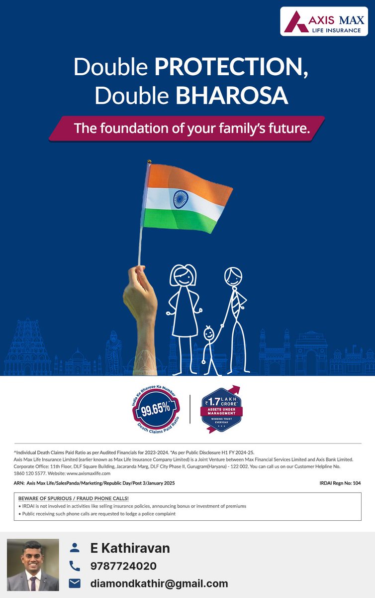 Kathiravan02000's tweet image. Trust in life insurance that provides double protection and double bharosa for your family. #DoubleProtection #RepublicDay #LifeInsurance #DoubleBharosa #BharoseKaAdvisor
 web-link.co/aqio1