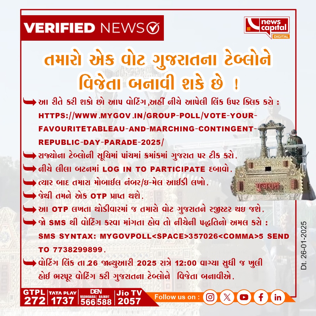 NewsCapitalGJ's tweet photo. તમારો એક વોટ, ગુજરાતના ટેબ્લોને ભરપૂર વોટિંગ કરી વધુ એકવાર વિજેતા બનાવો
#VoteForGujarat #RepublicDayTableau #GujaratPride #CulturalHeritage #VoteForVictory #UnityAndDevelopment #SupportGujarat #IncredibleIndia https://t.co/9jQVNkoElw