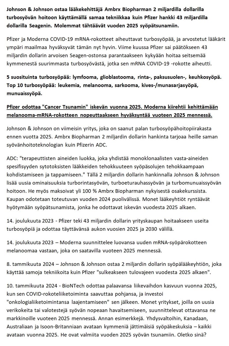 Aatteleppaitte's tweet photo. WEF vaatii yleisöä massarokotettavaksi ‘joka kuudes kuukausi’ ‘pitkävaikutteisilla’ mRNA-injektioilla

"Maailman talousfoorumin (WEF) jäsenet ovat paljastaneet suunnitelmat yleisön pysyvästä massarokottamisesta "joka kuudes kuukausi" "pitkävaikutteisilla" mRNA-"rokotteilla" osana väitettyä pyrkimystä torjua useita sairauksia.

Tämän viikon vuosittaisessa WEF-kokouksessa Davosissa, Sveitsissä, globalistit ovat esitelleet suunnitelmia teknologiaohjatusta täsmälääketieteestä, "pitkävaikutteisista injektioista", "ilmastotietoisista" rokotteista ja mRNA-terapeuttisista keinoista ei-tarttuvien sairauksien hoitoon.

Pfizerin toimitusjohtaja Albert Bourla oli yksi niistä, jotka puhuivat torstaina "Teknologia maailmassa" -paneelissa.

Paneelin sponsoroi WEF:n Neljännen teollisen vallankumouksen keskus.

Bourla kertoi Davosin eliitille, että tekoälyn (AI) teknologian ja bioteknologian edistysaskeleet "törmäävät" "valtavien synergisten vaikutusten" kanssa.

Farmasiajohtaja väitti, että tämä voisi johtaa täsmälääketieteen kehittämiseen syöpien kaltaisten sairauksien parantamiseksi.

Bourla vakuuttaa, että AI voi auttaa kehittämään "jotakin kuin GPS-ohjattua ohjusta: hyvin tarkkaa lääkettä", joka voisi kohdistaa tiettyihin syöpäsoluihin."¨DiipL

Miksi meille tulee "hyvin tarkkaa lääkettä" ja turbo syöpää ? Hieman kuin katsoo sijoituksia, niin voi hiljaa mielessään arvailla mille sijoituksille haetaan voittoa.😉
https://t.co/rtQGdW45yw