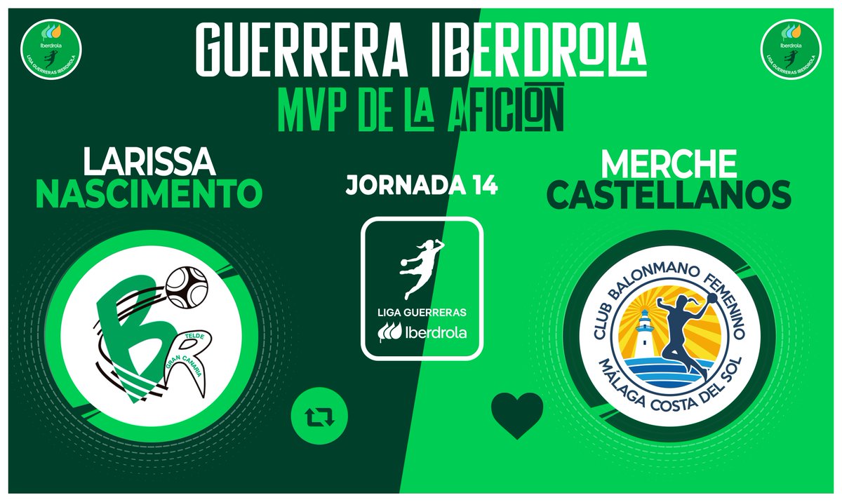 ⭐ ¡Vota YA para elegir a la #GuerreraIberdrola de la Jornada 1⃣4⃣ en la #LigaGuerrerasIberdrola!

🆚 <a href="/BMRemudas/">Rocasa Gran Canaria</a> 21:21 <a href="/BMMalagaCosta/">Costa del Sol Málaga</a> 

♻️ RT: <a href="/Larissa_Hande/">Larissa Nascimento</a> 
❤️ Me gusta: @merche_1616 

#⃣ #SheLovesHandball