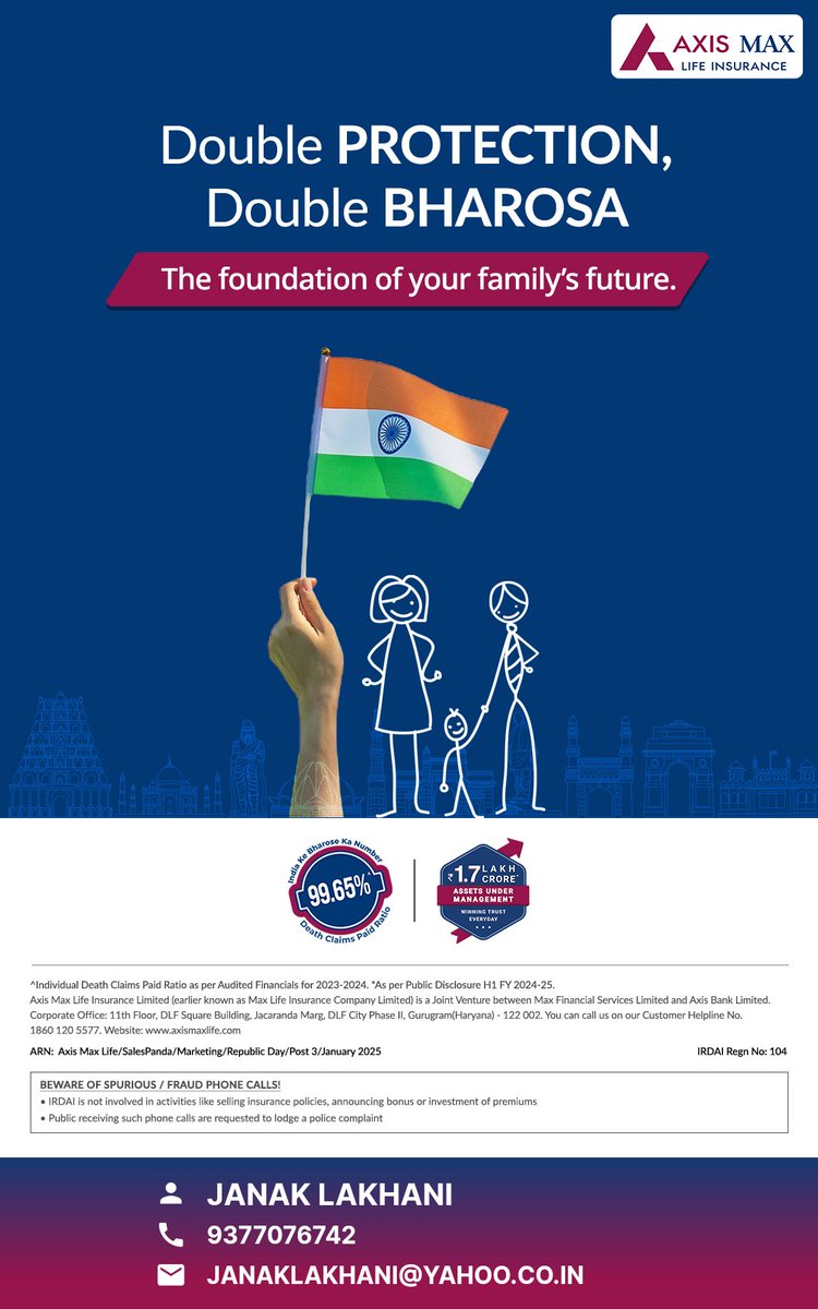 LakhaniJanak's tweet image. Trust in life insurance that provides double protection and double bharosa for your family. #DoubleProtection #RepublicDay #LifeInsurance #DoubleBharosa #BharoseKaAdvisor
 web-link.co/aqisk