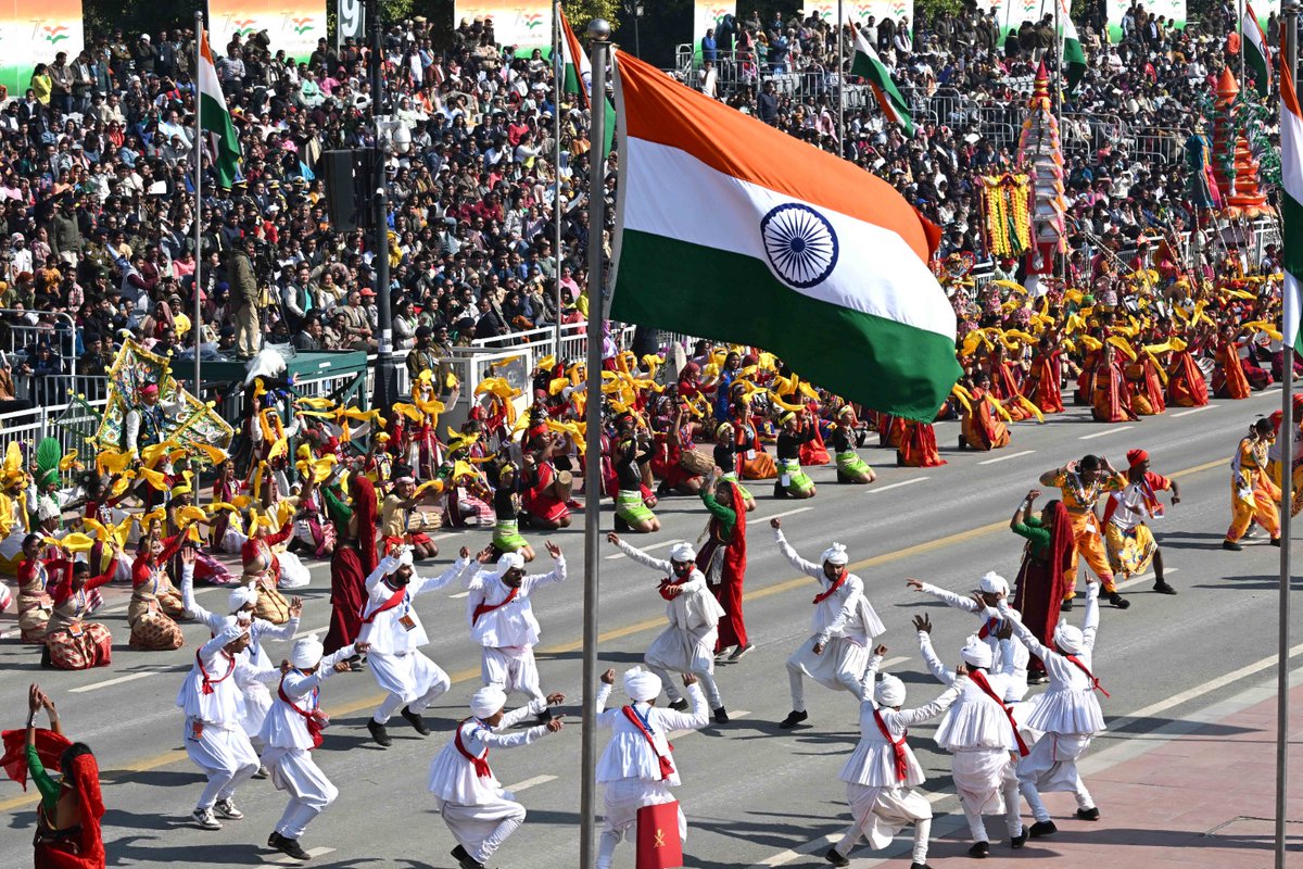 rashtrapatibhvn's tweet photo. President Droupadi Murmu and the Chief Guest of 76th Republic Day, President Prabowo Subianto of Indonesia, witnessed the Republic Day parade which showcased Bharat's socio-economic, technological and military prowess as well as the richness and diversity of its culture. Following the beautiful tableaux highlighting India's civilizational heritage and reflecting citizens' aspirations, a spectacular performance of traditional folk and tribal artists and impressive flypast enthralled the invitees and viewers.