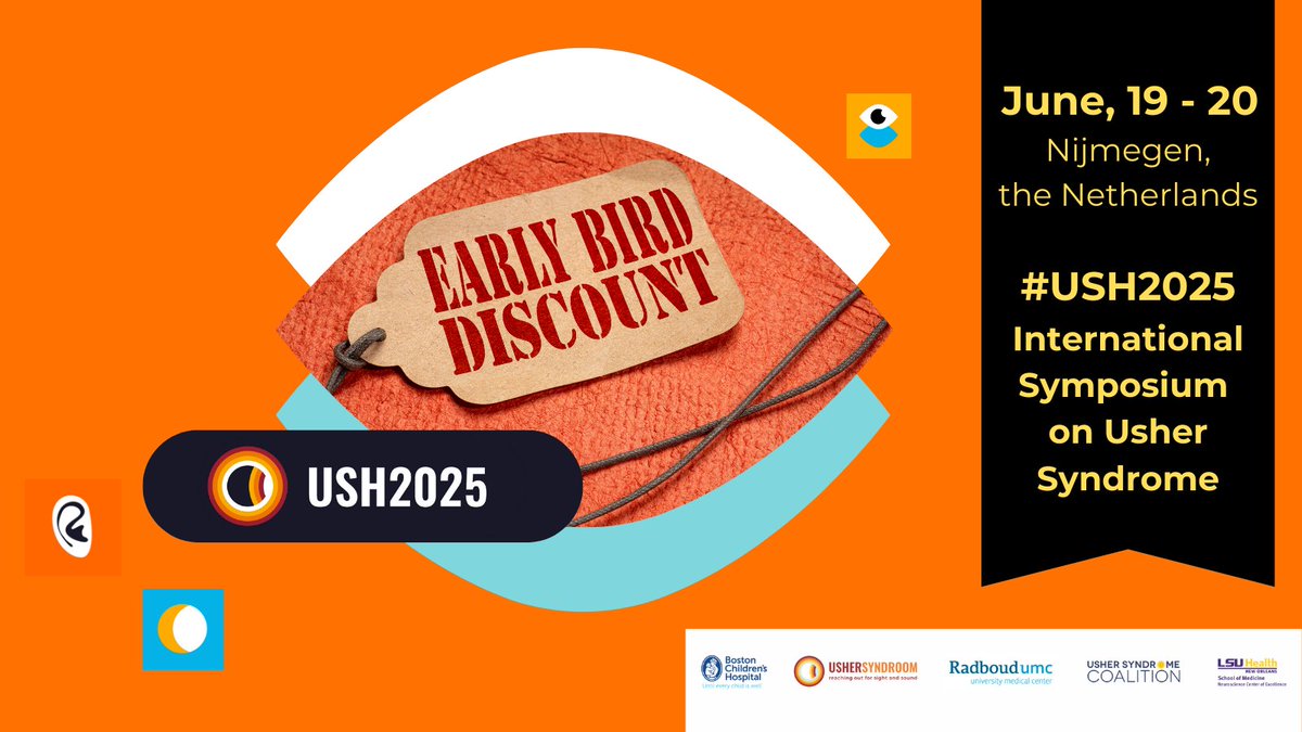 Early Bird Tickets for USH2025 are here! 🎟️ Join us June 19-20, 2025, in Nijmegen Lent, NL 🇳🇱 for the International Symposium on Usher Syndrome! Register by Feb 15 for a discount. Includes: ✅ Discount ✅ Conference Access ✅ Food &amp; Drinks. 👉 USH2025.org/en/inschrijven #USH2025