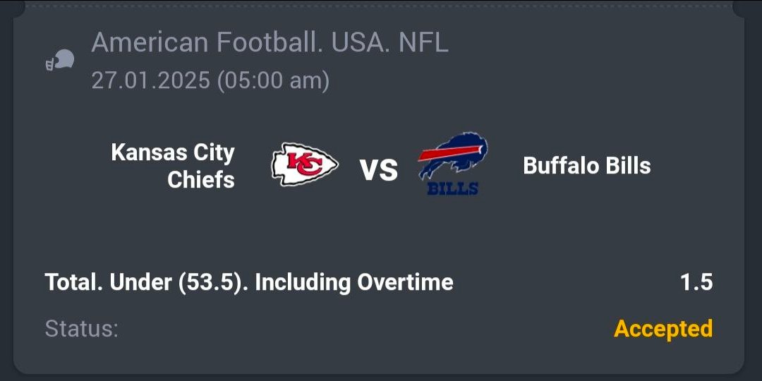 A3RBET's tweet photo. American Football - NFL
π Under 53.5
π 1.50
π΅ 60 Units
#NFL #NFLFootball #NFLPlayoffs #NFLWildCard2025 #NFLScoresToday #NFLNewsLive #NFLUpdates #NFLSeason #NFLGameToday #NFLSundayNight #NFLBets #NFLBetting #BettingTips #NFLPicks2025 #NFLPredictions #SportsBetting #BettingTwitter #GamblingTwitter #BetResponsibly #KansasCityChiefs #Chiefs #BuffaloBills #Bills
NFL Wild Card 2025 / NFL Playoff Scores / NFL Betting Odds / NFL Game Highlights / NFL Live Updates / NFL Betting Strategies / NFL Sunday Games / NFL Playoff Scores / NFL Sunday Games / Kansas City Chiefs vs Buffalo Bills
Like + RT