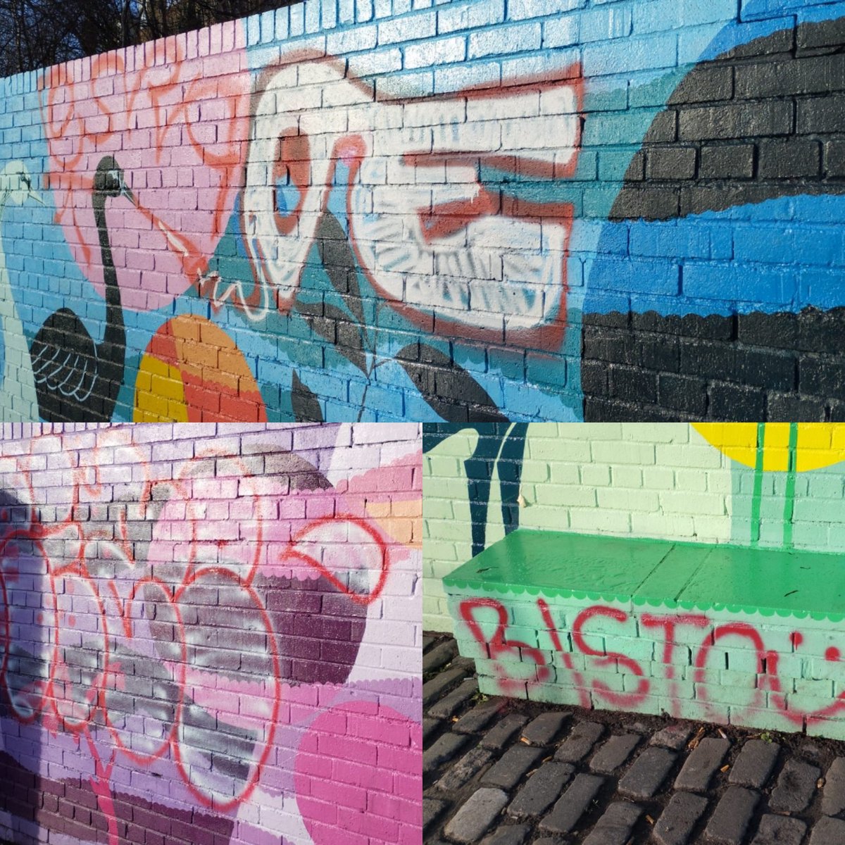 WOLCT's tweet photo. Disappointed to report the Coalie Park mural at #Leith  got hit with tagging.

But we'll be out with volunteers for some repainting in the near future to restore it back to its best. https://t.co/yYaPbjLjPI