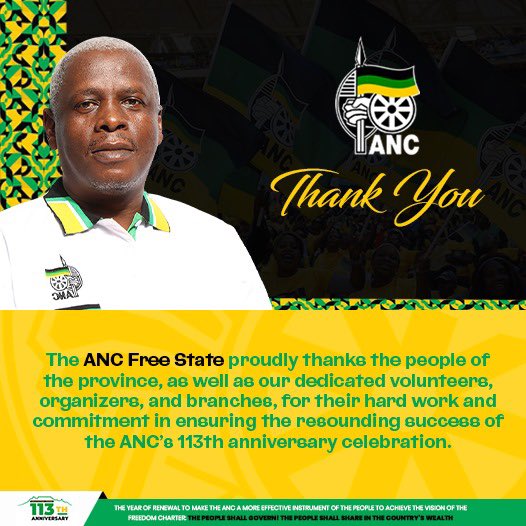 Thank you the people
Of the Free State. 
<a href="/MYANC/">ANC - African National Congress</a> 
#ANC113 
#ThePeoplesMovement 
⚫️🟢🟡