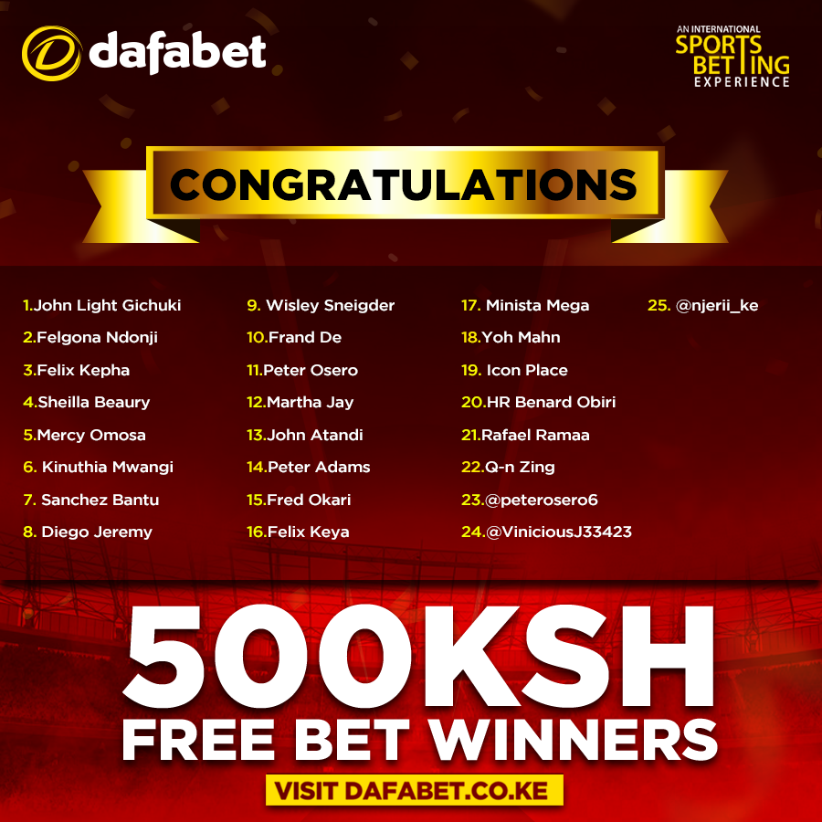 DafabetKenya's tweet photo. Congratulations to our Winners of the MAN CITY vs. CHELSEA Trivia. Please share your account details for crediting.
Special thanks to everyone who participated. Stay tuned for the next promo. #TukoGame https://t.co/ncu60oIrBV