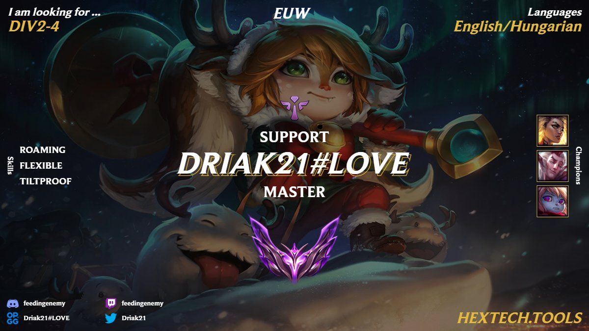 Driak21 (@driak21) on Twitter photo LFT
About me:
I'm 20 years old.
Support main
LF Team, tryouts if needed.
If ur interested, please add me on discord, i dont always check my twitter.
<a href="/League_LFT/">League of Legends LFT</a>
<a href="/lft_prime/">Prime League LFT</a>
<a href="/LFT_LOL/">LFT League of Legends</a>
<a href="/LoL_LFT_Fr/">LoL LFT Fr</a> LFT
About me:
I'm 20 years old.
Support main
LF Team, tryouts if needed.
If ur interested, please add me on discord, i dont always check my twitter.
<a href="/League_LFT/">League of Legends LFT</a>
<a href="/lft_prime/">Prime League LFT</a>
<a href="/LFT_LOL/">LFT League of Legends</a>
<a href="/LoL_LFT_Fr/">LoL LFT Fr</a>