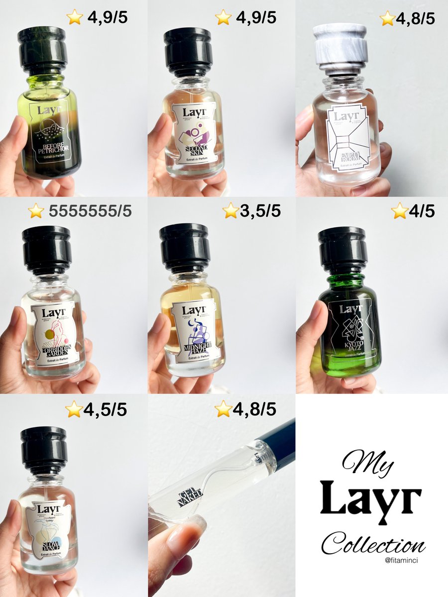 fitaminci's tweet photo. Kalau kalian explore parfum lokal yang wanginya gak pasaran/dupe, modern &amp; sophisticated, dan blend nya smooth, try ✨LAYR PERFUME✨

aku akan jelasin secara singkat &amp; mudah perbedaan per parfum Layr yg aku punya https://t.co/3zE4q4y5Hn
