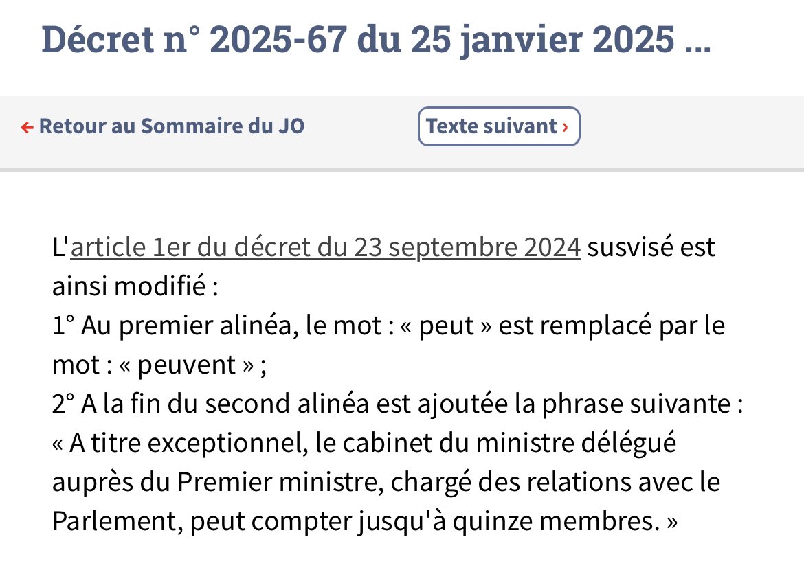 Une dérogation aux règles sur la taille des cabinets ministériels. Petit « cadeau » au #JORF pour le ministre délégué chargé des relations avec le Parlement <a href="/PatrickMignola/">Patrick Mignola</a>. Son cabinet peut désormais compter  "jusqu'à 15 membres" contre 10 pour les autres ministres délégués