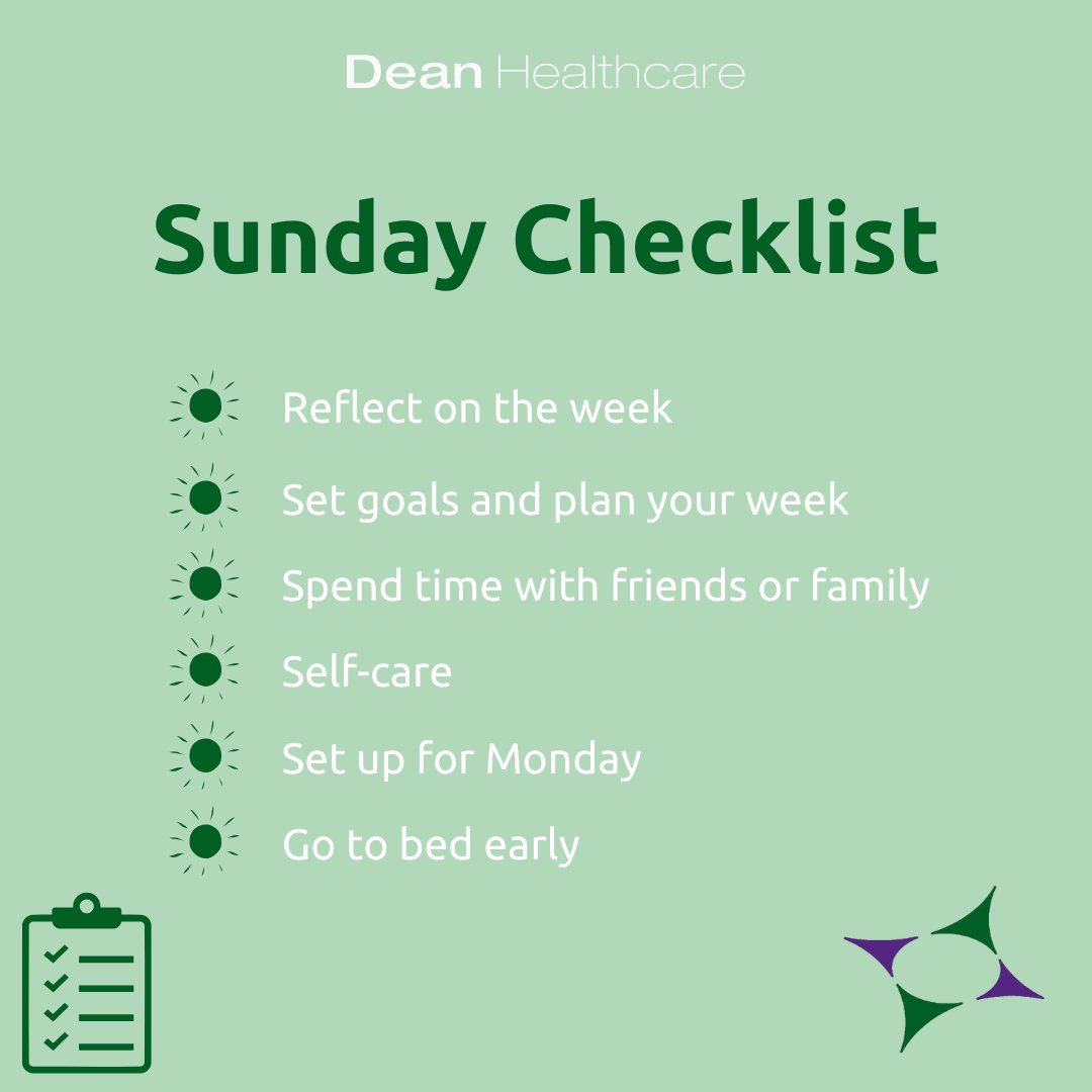 deanhealthcare's tweet image. Sunday Checklist 
- Reflect on the week
- Set goals and plan your week
-Spend time with friends and family
-Self care
-Set up for Monday
-Go to bed early

#sundaychecklist #deanhealthcare