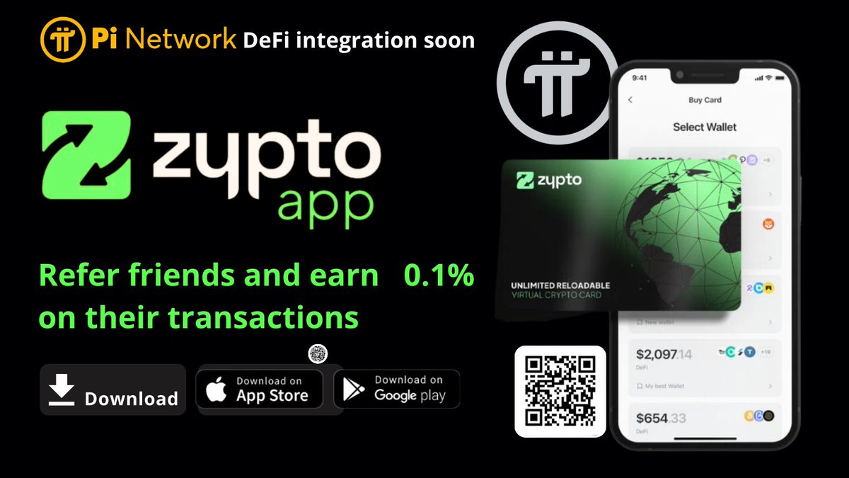 Zypto is preparing to integrate Pi Network as a payment method once its mainnet launches!
  
Zypto App:  ref.zypto.com/yeNrZolRmNb

refer your friends and earn 0.1% on every transaction they make. This is a lifetime reward, so start building your network today!