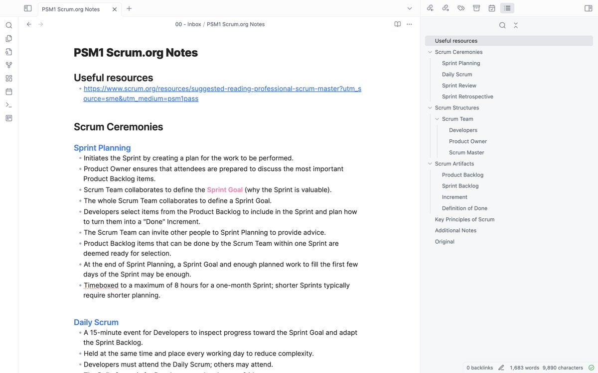 tmault's tweet photo. I used AI to prepare for https://t.co/1iV6W7Cotw Professional Scrum Master I, and I will never prepare for an exam again without it.

I had practical experience with scrum, cobbled together from experience delivering Agile projects. 

Rather than sit down for an 8-hour e-learning course, I thought I'd start sitting some mock exams to see if there were particular parts of the syllabus I failed on.

1. I picked up a 500-question mock exam pack from https://t.co/3dzchf4Sbb

2. I uploaded the scrum PDF guide into ChatGPT. I prompted it to consicely answer my questions using the scrum guide and direct me to the specific page where the topic I queried was referenced. 

I wrote a brief sentence in an Obsidian note explaining the specific topic or principle I did not understand for each question I answered incorrectly.

After three mock exams, I had an Obsidian note with about 30 lines of random principles in it, but I could feel I was starting to see more clearly how the roles, principles, and events in Scrum connect.

I guess it's like reverse engineering the content of the syllabus, which on the tin of it sounds ineffective, but it made me curiously engage with the scrum guide on my own, rather than mindlessly watching a long udemy course and hoping I came across new knowledge.

Then, I dumped the obsidian note into chatGPT and asked it to re-organise the notes based on the events, principles, and roles in Scrum.

Voila - I now had a cleanly organised documents with  the specific gaps in knowledge I had (screenshotted). I even asked chatGPT to output it as a markdown formatted document so I could paste it back into Obsidian for future reference.

After a few more mock exam attempts, I started consistently passing them and then divided to sit the exam about 3 hours after sitting down to close my knowledge gaps. 

This felt like a huge learning speed unlock - being laser-focused on what you don't know rather than regurgitating known content.