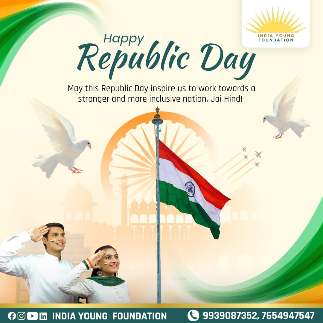 IYFIndia's tweet photo. Happy 75th Republic Day! 🇮🇳

Let us unite to honor our Constitution and pledge to build a developed India by 2047. Together, we can uplift the lives of farmers, women, youth, and protect our environment and wildlife for a greener and brighter future!

Jai Hind! #republicday https://t.co/ke4BrDJuIO