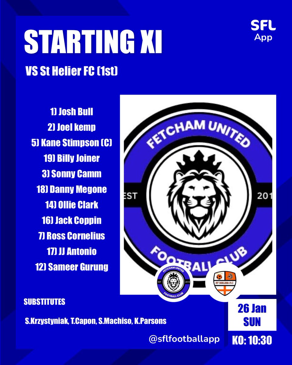 Our team sheet for todays home game against st helier fc
