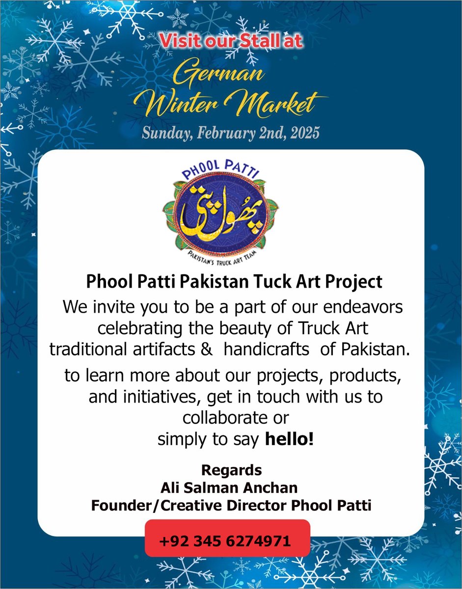 Phool Patti Official (@phoolpatti) on Twitter photo Phool Patti Pakistan Tuck Art Project
Cordially invites you to visit <a href="/GermanyinKHI/">German Consulate General Karachi</a>
instagram.com/phool_patti
facebook.com/phoolpatti1/
x.com/PhoolPatti
linkedin.com/in/phoolpatti/
tiktok.com/@PhoolPatti
<a href="/AliSalmanAnchan/">Ali Salman Anchan</a>
#GermanwinterMarket #Phoolistan #PhoolPatti
#truckart Phool Patti Pakistan Tuck Art Project
Cordially invites you to visit <a href="/GermanyinKHI/">German Consulate General Karachi</a>
instagram.com/phool_patti
facebook.com/phoolpatti1/
x.com/PhoolPatti
linkedin.com/in/phoolpatti/
tiktok.com/@PhoolPatti
<a href="/AliSalmanAnchan/">Ali Salman Anchan</a>
#GermanwinterMarket #Phoolistan #PhoolPatti
#truckart
