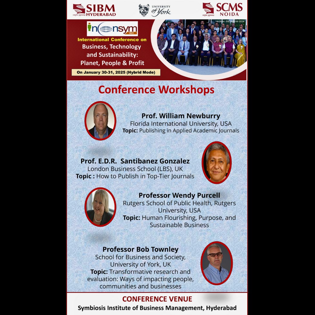 SIBMHYD's tweet image. SIBM, Hyderabad, in collaboration with the University of York &amp;amp; SCMS Noida, presents InConSym 2025: International Conference on Business, Technology &amp;amp; Sustainability.

📅 Jan 30-31, 2025
📍 SIBM Hyderabad

#InConSym2025 #Sustainability #BusinessTechnology #SIBMH #Symbiosis