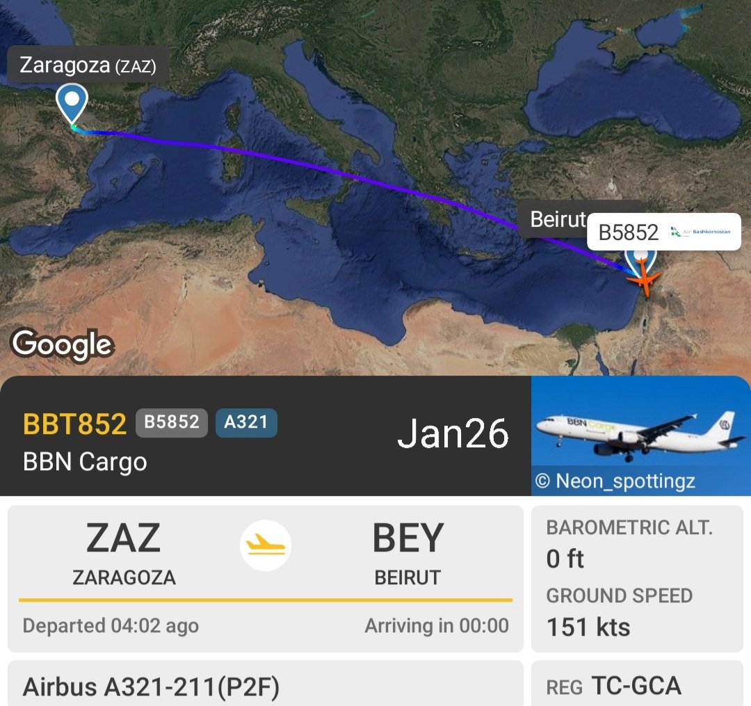 LebanonJets's tweet photo. #TCGCA BBN Airlines (cargo) arrived into Beirut from Zaragoza Spain, most likely a #UNIFIL charter- 22 year old Airbus A321 P2F MSN 2005 is Ex #DAGMA #DALSC #OELCD #VPBAN https://t.co/SuFojJXd5p