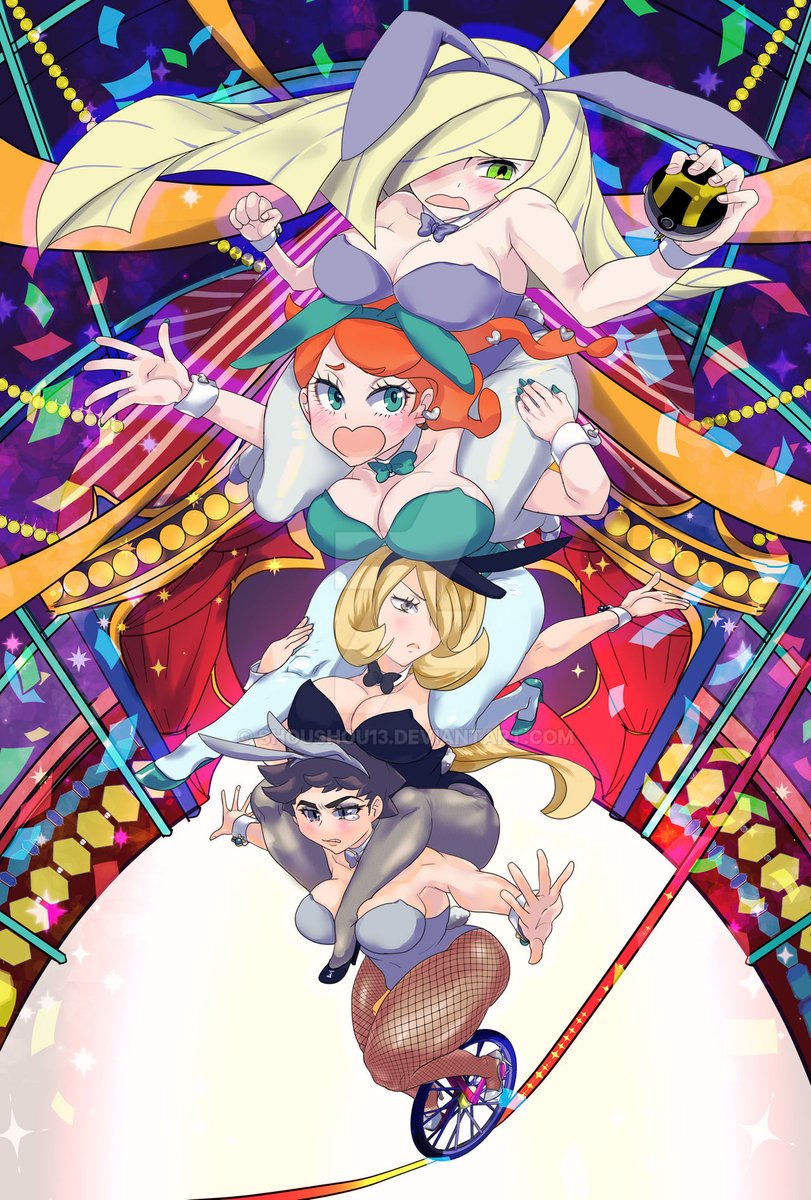 CharliKoko1's tweet photo. A human tower with the 4 girls from Pokemon (Diantha, Cynthia, Sonia and Lusamine) doing a totem pole on a unicycle in bunny suit https://t.co/R2e3GX5n4F
#shoulderrides #shoulderride #piggyback #liftandcarry #riding #totempole #art #Pokemon https://t.co/qoGvYlVZdg