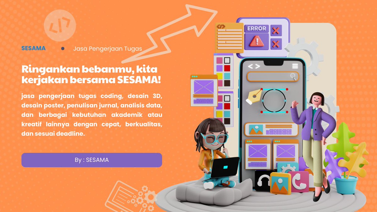 HimseTus6073's tweet photo. ๐ Kenalin, SESAMA! ๐
Jasa pembantuan tugas kuliah & sekolah yang cepat, rapi, dan terpercaya. ๐โจ
๐ฉ DM atau Klik link di bio, karena tugas lebih ringan kalau dikerjakan bersama! ๐ค
#SESAMA #JasaBantuTugas #zonauang #jokitugas https://t.co/PmA1qYfj0L