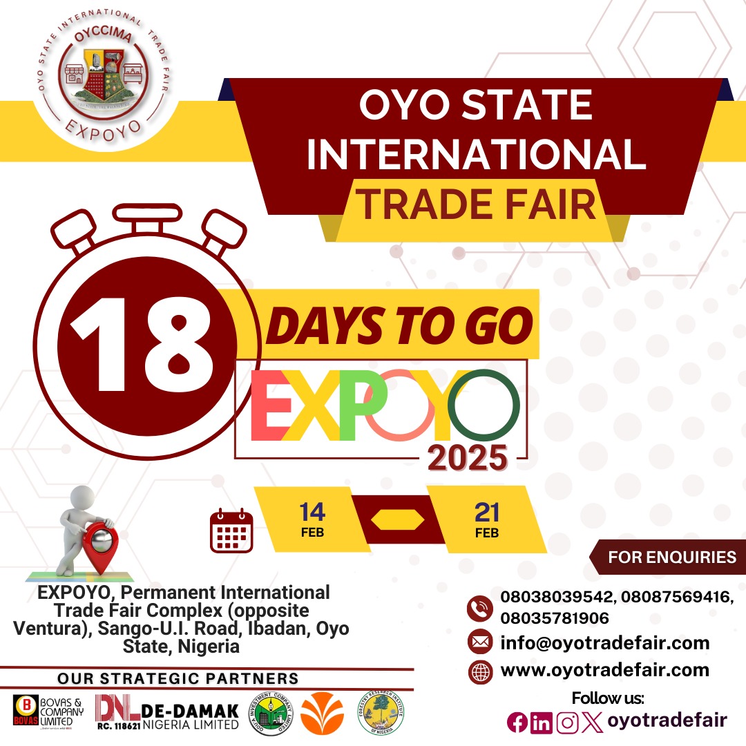 oyotradefair's tweet photo. 18 Days to Go! 🎉"

The countdown is ongoing!

Get ready to experience innovation, opportunities, and endless networking."

Tag someone you’d like to bring along!

#expoyo2025 #oyotradefair https://t.co/DuotXYZo1Z