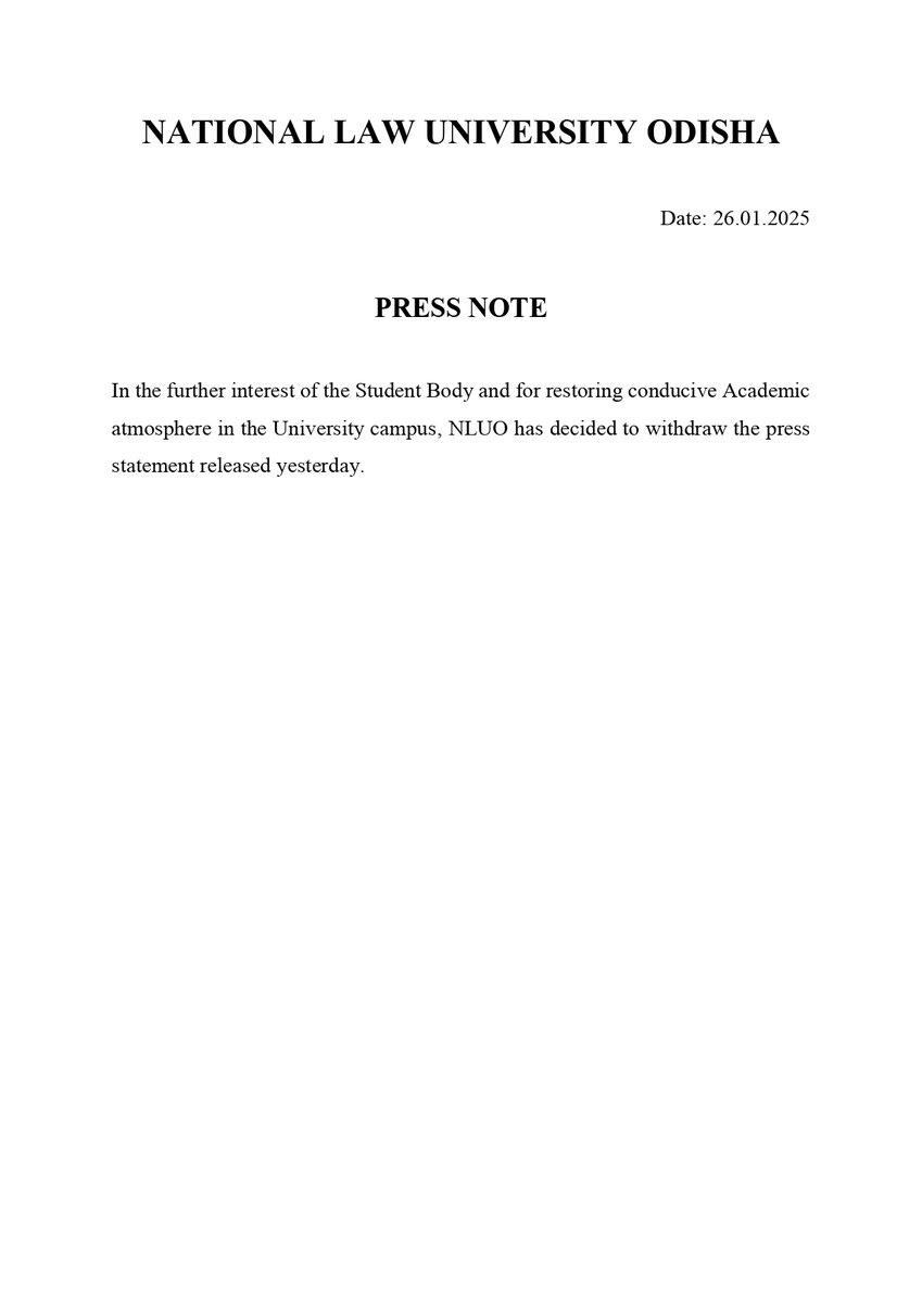 Withdrawal of Press Release from NLUO.