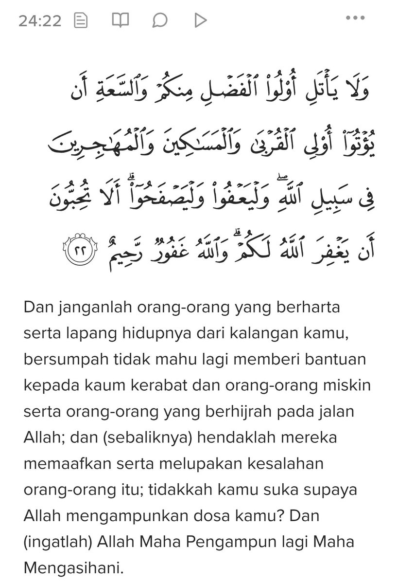 addien90s's tweet photo. "Maafkanlah orang lain, adakah kamu tak mahu Allah maafkan kamu?"

Bergetar hati Abu Bakar mendengarnya. Terus Abu Bakar kata;

"Demi Allah, aku nak Allah maafkan kesalahanku."

Sejak hari itu, Abu Bakar terus maafkan dan bersedekah kepada Mistah bahkan tak pernah berhenti. https://t.co/sF5ZB7ryZf