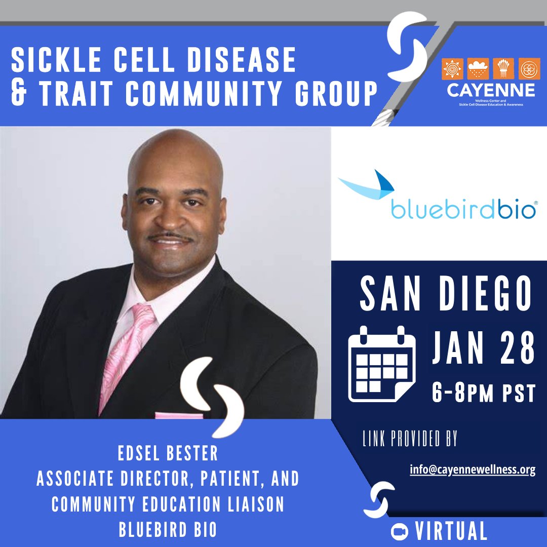 CayenneWellness's tweet photo. Sickle Cell Warriors &amp; Supporters!

Join us virtually on Jan 28, 6–8 PM PST for a special session with Edsel Bester from Bluebird Bio!

📩 Email info@cayennewellness.org for the link.

Don’t miss this chance to connect &amp; learn!

#SickleCellAwareness #CayenneWellness https://t.co/z31VOHG9fD