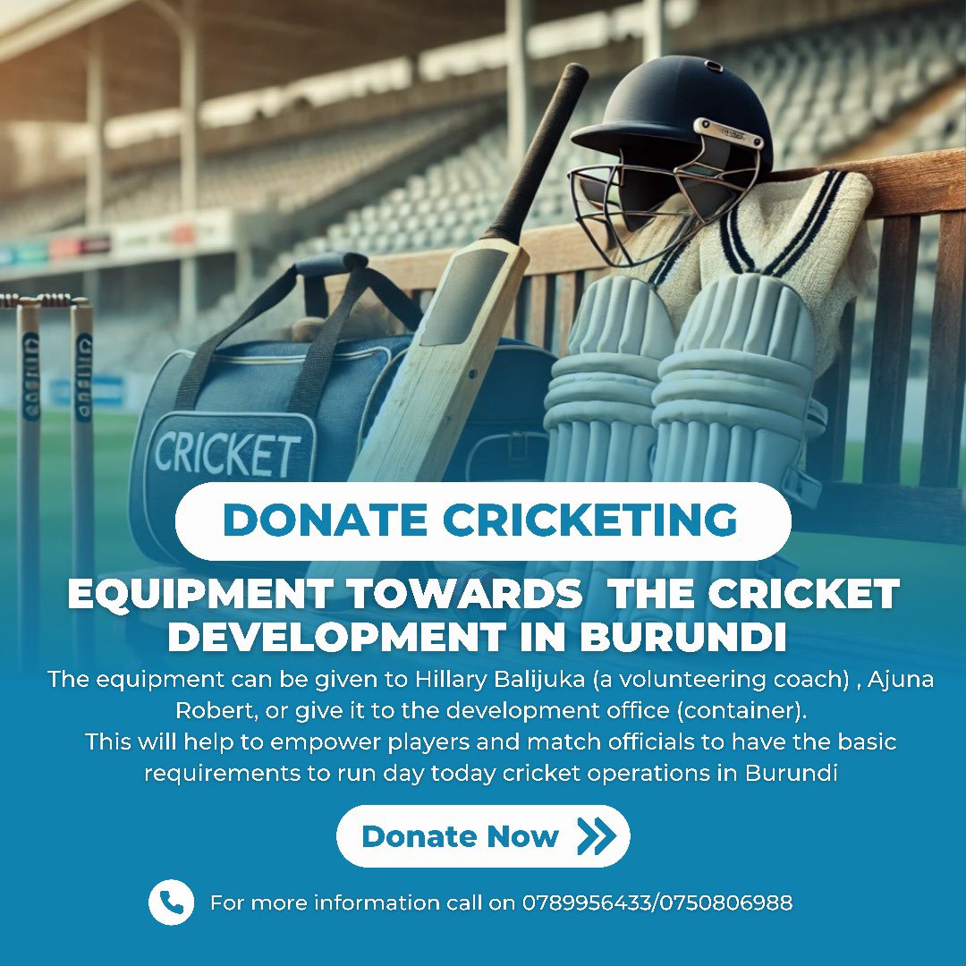 Ug cricket fans support cricket in Burundi by donating some equipment to empower players and officials

Donations can be given to Hillary Balijuka (volunteer coach), Ajuna Robert, or the Development Managers Office
 For more info, call: 0789956433 / 0750806988

#CricketUganda