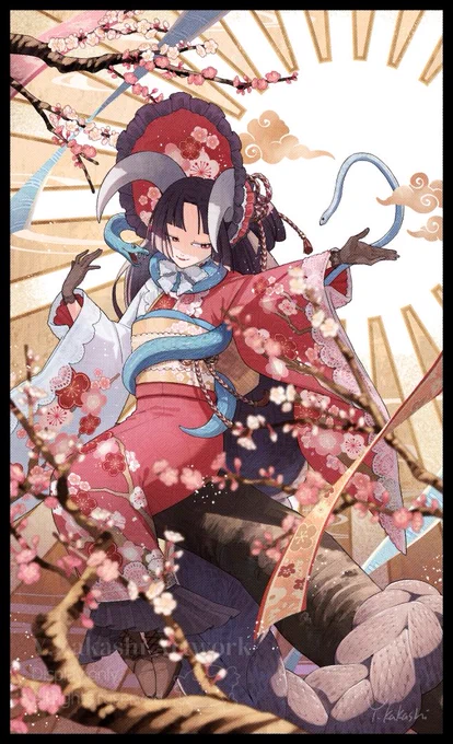 賑春紅白梅錦色蝮 