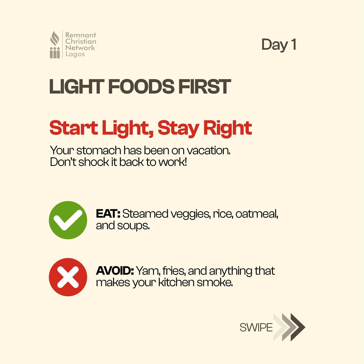 RCNLagos's tweet photo. Praise God youโve finished the 21-day fruit fast, the fast continues till Day 40 you can now break with food, your first thought may be to load your stomach with all the chicken and youโve missed but read this guide:
#RCNLagos
#DivineSpread
#10to1
#40daysprayerandfasting https://t.co/R4p9kmL9Hx