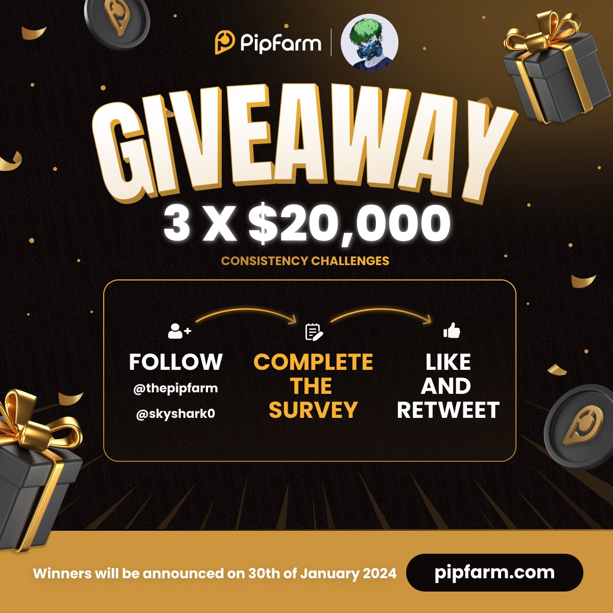 3 x 20k challenge account giveaways 🎁.

✅To enter: fill out the survey  and drop proofs 👇 
Survey Link: euq3kuw4ko6.typeform.com/to/mkfT4SxE

✅Follow:
<a href="/thepipfarm/">PipFarm | Funded Trader Firm</a>, <a href="/skyshark0/">hakeem⚡</a>

✅Like,Retweet &amp; Tag 4 traders

I wish you good luck 🤞