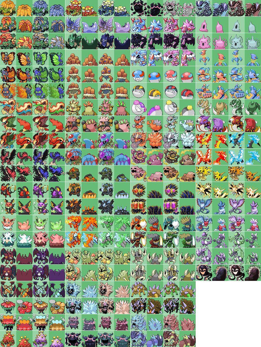 Here is every single sprite i made for <a href="/PointCrow/">eric pointcrow</a>  Pokemon:Evolved streams! soon to be a video i believe. it was such an surreal experience to have you dming me to be apart of this a year ago, thank you so so much for the opportunity and it turned out so amazing <3