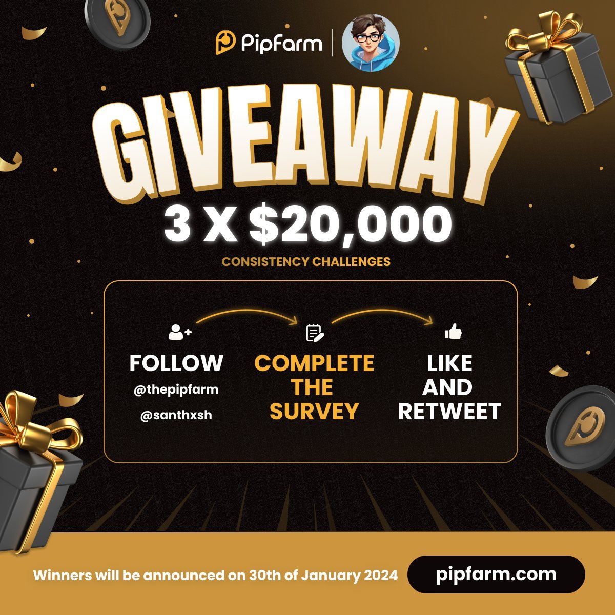🚨 $60,000 Giveaway Alert 🚨

Rules:

1. Follow - <a href="/santhxsh/">santhosh</a> <a href="/thepipfarm/">PipFarm | Funded Trader Firm</a> 
2. Like &amp; Retweet this post!
3. Tag 3 Friends
4. Complete the survey - euq3kuw4ko6.typeform.com/to/mkfT4SxE

Winners will be announce on 30th of January