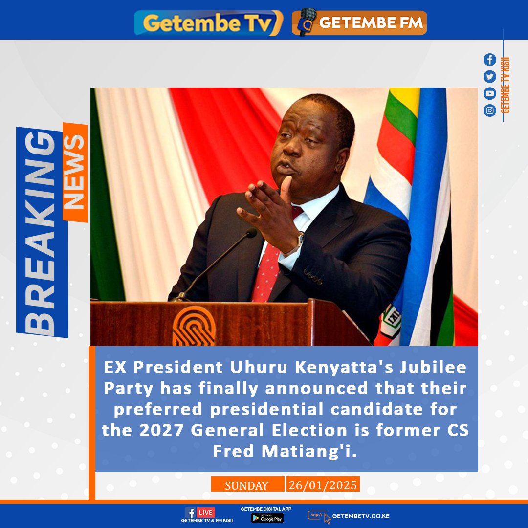 GetembeTV's tweet image. Jubilee party endorses Dr. Fred Matiangi to remove President William Ruto from office in 2027.
Getembe Tv is now on @ZukuHome decoder channel 38 #FindITonZUKU #GetMoreForLess #GetembetvOnZuku