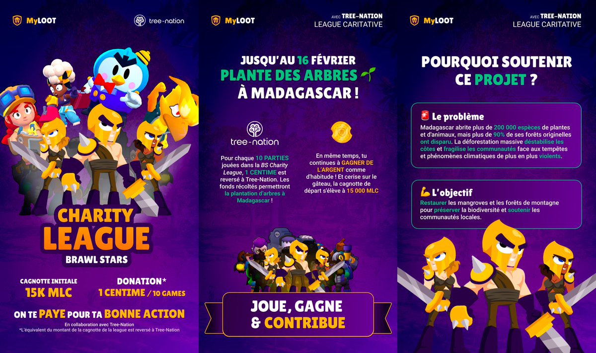 mylootgaming's tweet photo. On te PAYE pour JOUER à Brawl Stars, mais pas seulement 😱💰

Chaque 10 parties jouées, 1 centime est reversé à @treenation pour planter des arbres à Madagascar 🌱🤝

Rends ton temps de jeu utile avec MyLOOT 💜 https://t.co/88xFp9rarE