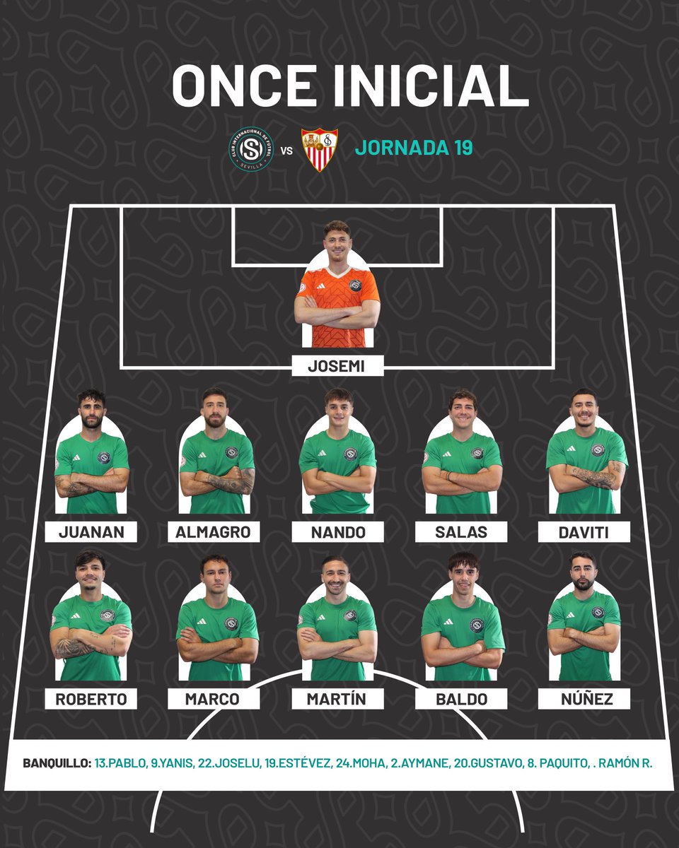 ⚔️ 𝟏𝟏 𝐈𝐍𝐈𝐂𝐈𝐀𝐋 🩵

💪🏽 ¡Ya tenemos nuestro equipo titular para la jornada 1️⃣9️⃣!

#InterSevilla #TerceraFederacion #Jornada19