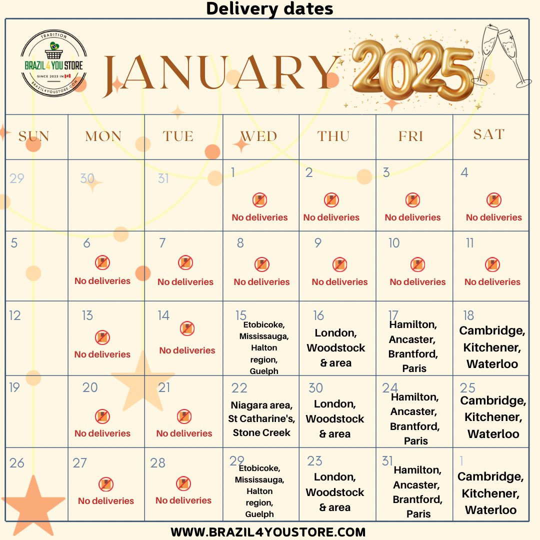 Brazil4youStore's tweet photo. #brazil4youStore When are you delivering in my area this month?? Well, here it is our delivery dates this month of January. Get your orders in!! 🛒✅👍
#brazilianfood #foodinCanada #brazilianproducts #productsinCanada #brasileirosnocanada #Ontario #lifeinCanada #brazilianexpats https://t.co/1eJLKLvlJG