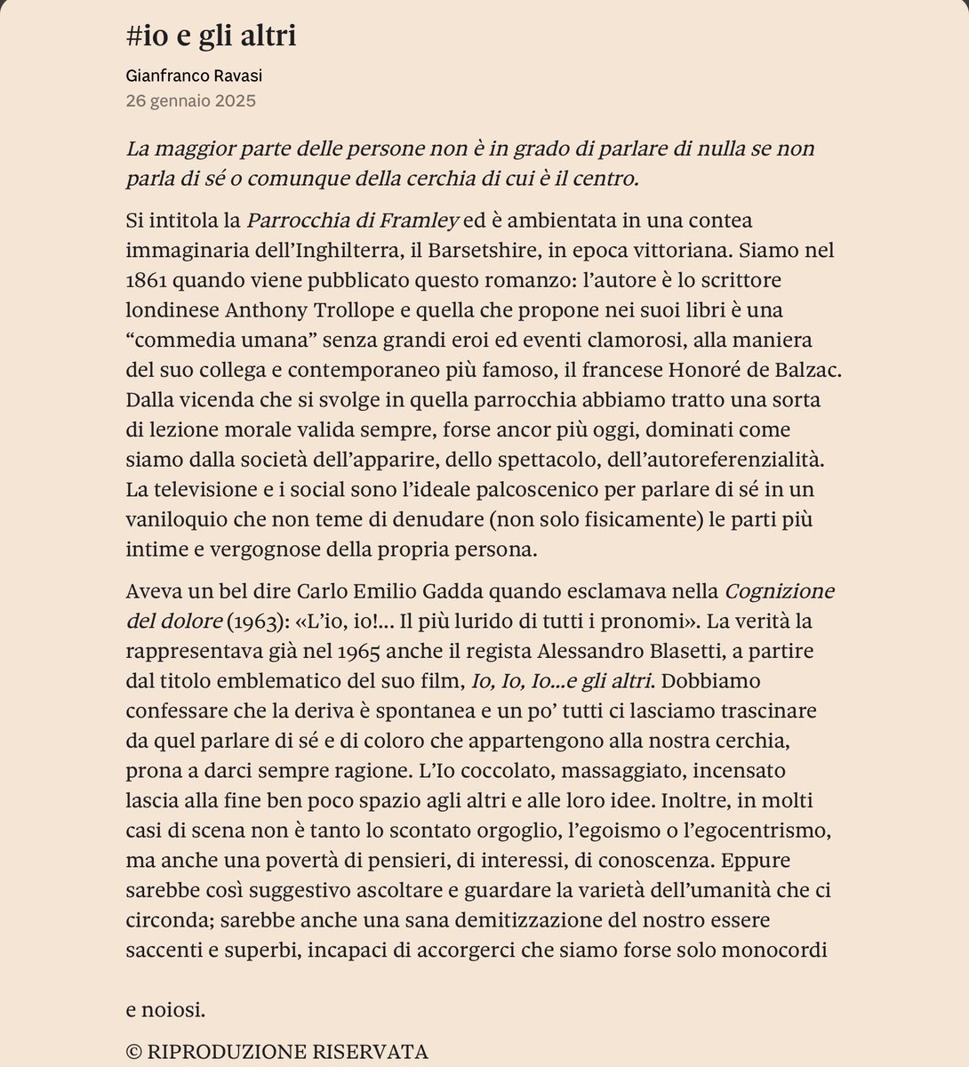 EmanuelaMorell1's tweet photo. La maggior parte delle persone non è in grado di parlare di nulla se non parla di sé…
#AnthonyTrollope
Card #Ravasi
#Breviario
#domenicale
#sole24ore
#scritturebrevi
#VentagliDiParole
#26Gennaio2025
#vaniloquio https://t.co/5NBjCXsUXf