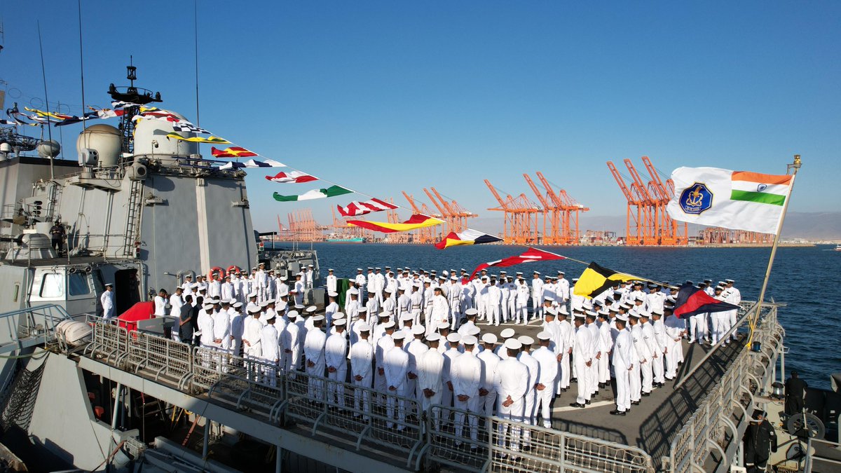 Indemb_Muscat's tweet photo. Indian Naval Ship Trikand, a frontline frigate of the Indian Navy, celebrated the 76th Republic Day at Salalah with the hoisting of the National Flag and Naval Ensign, the National Anthem, and a guard of honor, reflecting India's maritime strength and commitment to peace. https://t.co/odHumWdco5