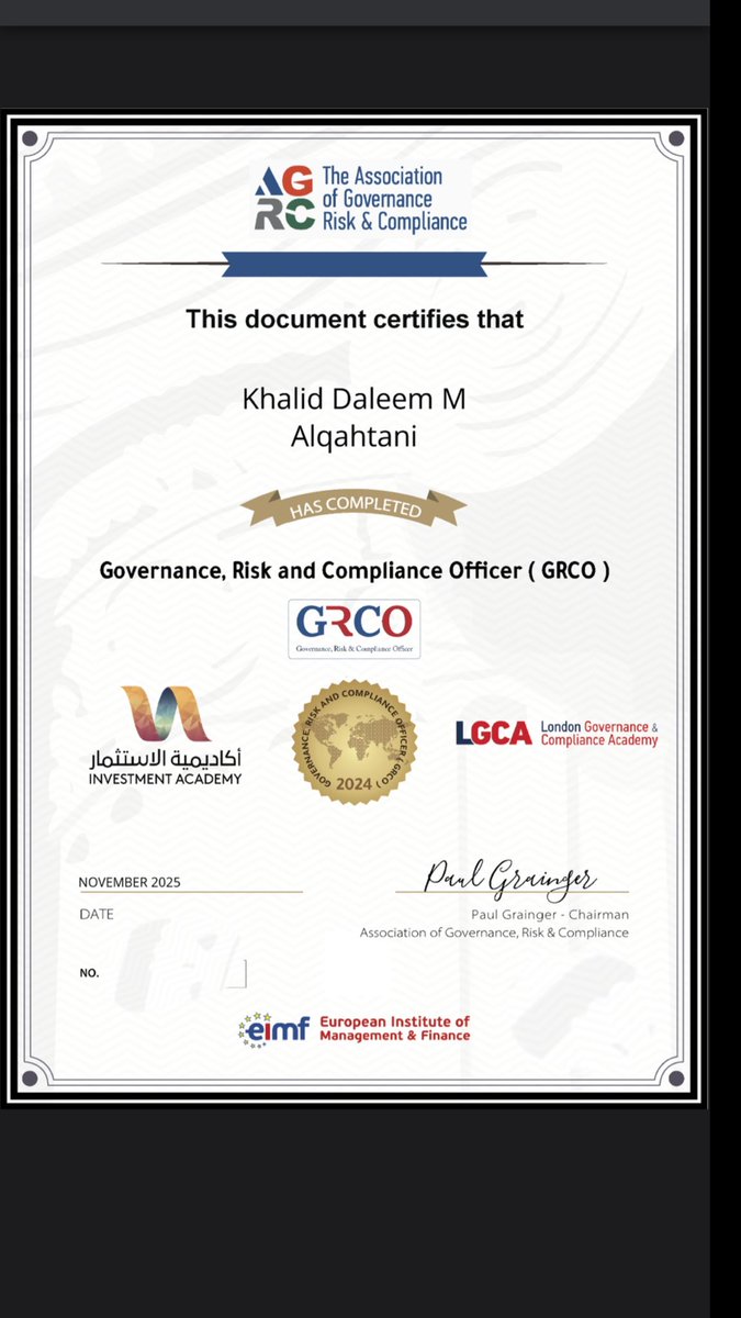 Khaled alQahtani (@kq_205) on Twitter photo الحمد لله، حصلت على شهادة من <a href="/IAinvestacademy/">أكاديمية الاستثمار | INVESTMENT ACADEMY</a> في مجال الحوكمة وإدارة المخاطر والالتزام. أتقدم بخالص الشكر والتقدير للدكتور <a href="/DrMurya/">د مريع سعد الهباش</a> على تقديمه المميز لهذه الدورة. الحمد لله، حصلت على شهادة من <a href="/IAinvestacademy/">أكاديمية الاستثمار | INVESTMENT ACADEMY</a> في مجال الحوكمة وإدارة المخاطر والالتزام. أتقدم بخالص الشكر والتقدير للدكتور <a href="/DrMurya/">د مريع سعد الهباش</a> على تقديمه المميز لهذه الدورة.
