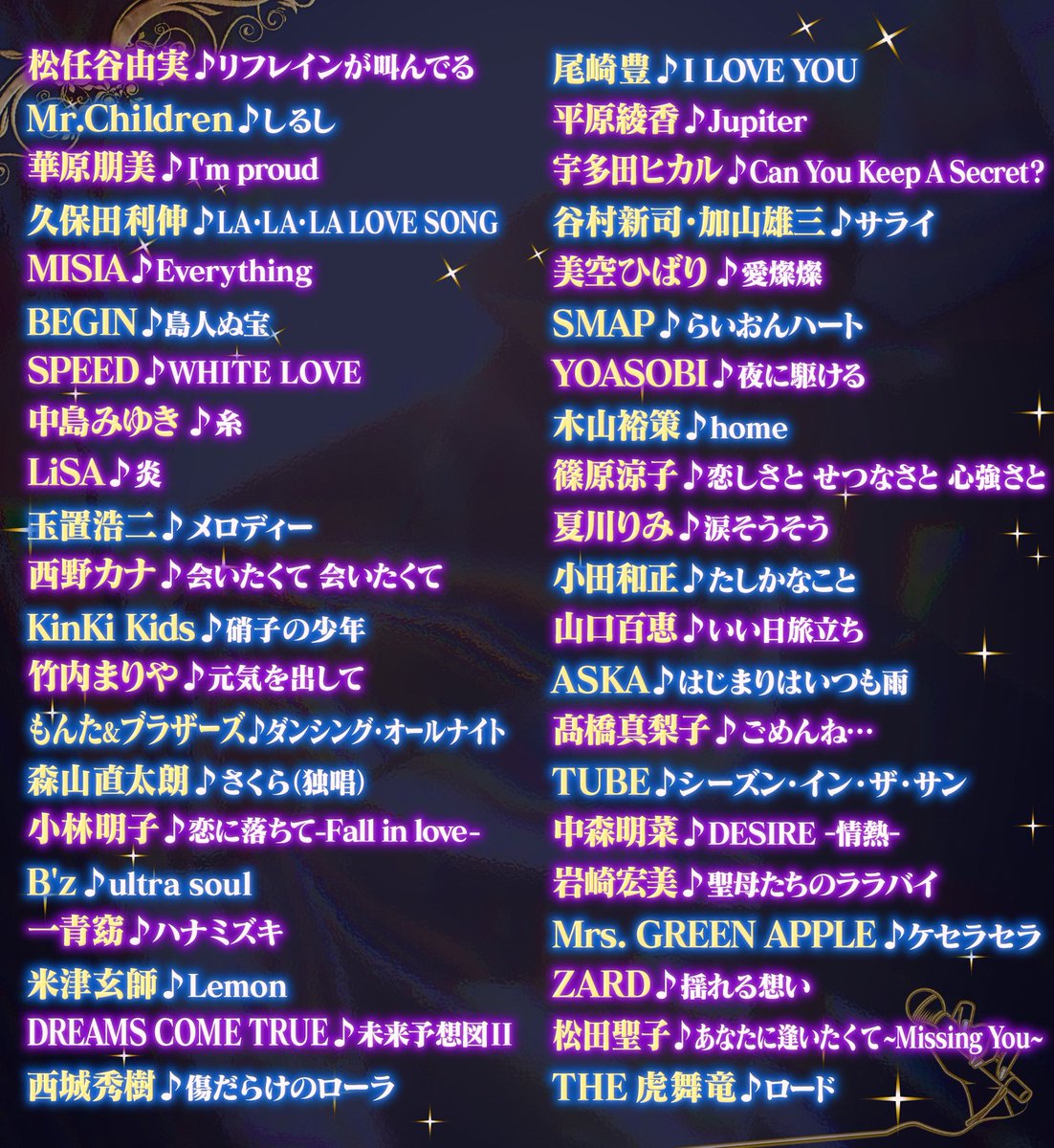 millionsinger's tweet image. 放送まであと2日！⏰

1月28日（火）夜9時放送
熱唱！ #ミリオンシンガー🎤 

MC  #チョコレートプラネット
#神声シンガー

総勢42組のセットリストを大公開✨
この中から番組史上最高点が…？👀

#KinKiKids
#SPEED
#西城秀樹
#谷村新司
#加山雄三
#MrsGREENAPPLE
#YOASOBI
#MrChildren
#B'z