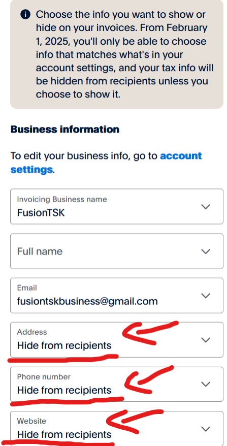 fusiontsk's tweet photo. psa about the new PayPal Business Account changes on February 1st:

DO THIS:

1. click 'Invoicing' from the home page
2. click 'Review your business info' on the banner
3. click 'Use account settings info'
4. SET TO 'HIDE FROM RECIPIENTS'

otherwise your address may be shown https://t.co/q14yvyD7AK