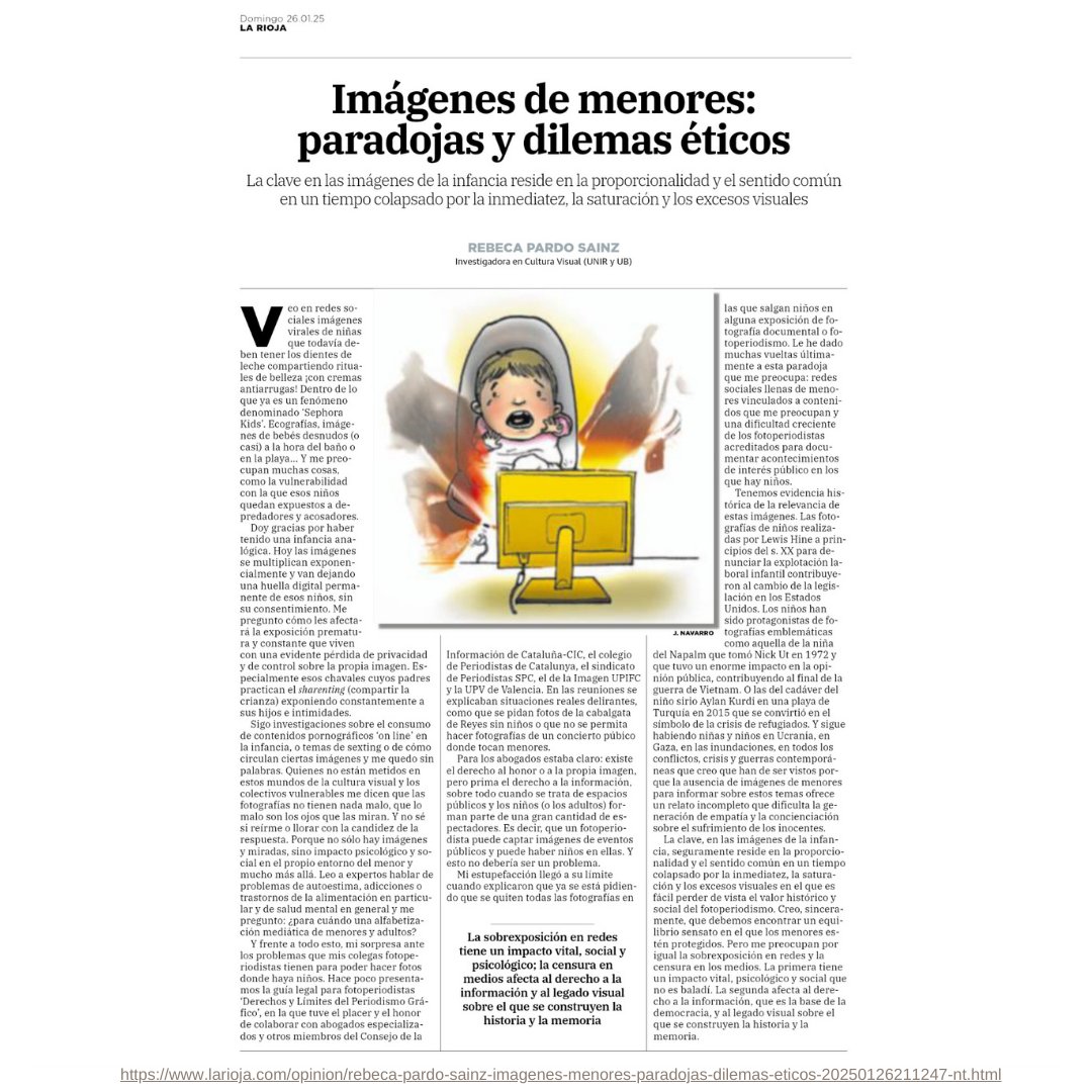 IMÁGENES DE MENORES: PARADOJAS Y DILEMAS ÉTICOS, mi tribuna de opinión en <a href="/lariojacom/">lariojacom</a> . Como investigadora/profesora (<a href="/UNIRuniversidad/">Universidad Internacional de La Rioja (UNIR)</a> y <a href="/UniBarcelona/">Universitat de Barcelona</a> ) y consejera <a href="/CICfundacio/">Consell de la Informació de Catalunya (CIC)</a> : ¿somos conscientes del impacto de lo que visibilizamos e invisibilizamos? larioja.com/opinion/rebeca…